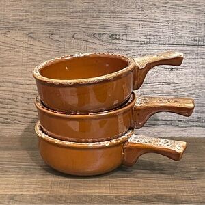 Vintage iti Stoneware Drip Brown Handled Onion Soup Bowls Set of 3 12 oz.